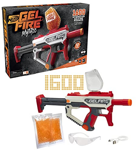 Nerf Pro Gelfire Mythic Blaster, 1.600 Rondas Gelfire, tolva, batería Recargable, Gafas