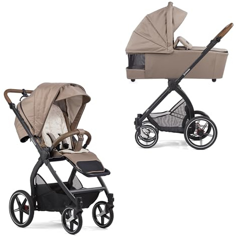 Gesslein Kinderwagen FX4 Swing mit Babywanne Panorama Lyx (Kinderwagen 3 in 1, Liege- & Sitzoption, Sportwagenaufsatz, individuell einstellbar, hoher Komfort, geringes Packmaß, Handbremse), Beige