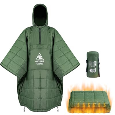 OneTigris Coperta da campeggio con isolamento Thinsulate 3M, coperta impermeabile calda, con grandi tasche, coperta con cappuccio portatile per attività all'aperto, escursionismo, viaggio
