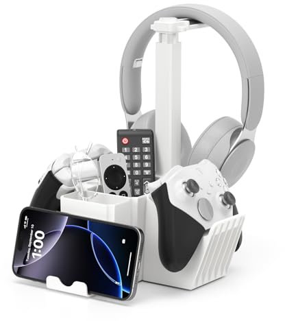 KDD Support Manette Double avec Support Téléphone, Support Casque Gamer Universel avec Boîte de Rangement, Porte Manette PS5 Multifonctionnelle, Organisateur de Bureau pour PS4 Xbox One Blanc