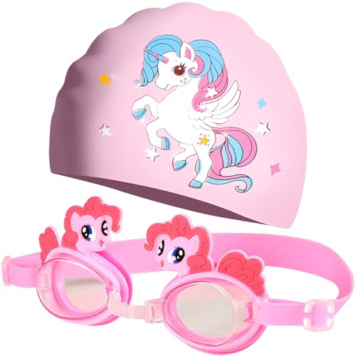 JYJLLM Kids Swim Goggles & Silicone Swim Cap Set, Adjustable Anti-Fog UV Protection Pool Goggles + Stretchable Swim Hat, Leak-Proof Children Swimming Gear for Boys Girls Ages 3-12，Beach/Pool
