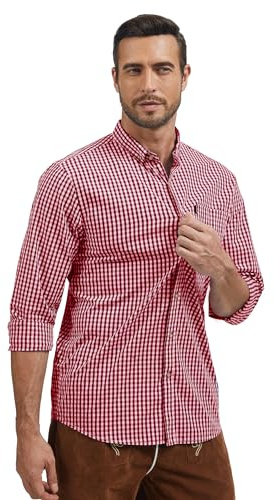 ANTLOOWW Traditionell skjorta, herr, rutig skjorta, bomull, traditionella skjortor, långärmad, Oktoberfest skjorta, storlek XS-3XL, röd, L