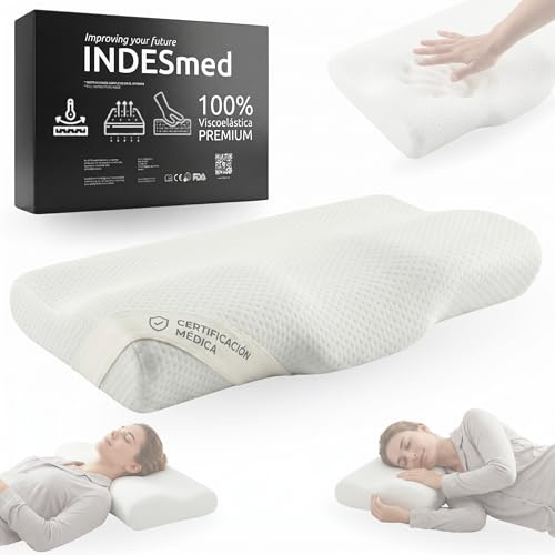 INDESMED Almohada Cervical Viscoelástica Premium con Memoria - Cojín Ortopédico Ergonómico para Dormir de Lado | Soporte Terapéutico para Dolor de Cuello y Nuca | Tecnología 3 Capas y Air Cotton