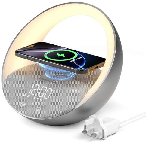 FUNFOR Alarm Clock with Wireless Charging,Speakers Bluetooth 5.3,15W Wireless Charger Bedside Alarms Clocks, Sunrise Simulation Wake Up Night Light, Alarms Clocks for Kid's Bedroom (Grey)