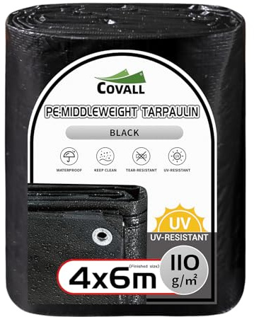 COVALL 4x6m Lona de Resistencia Media 110GSM - Lámina de Suelo Impermeable Resistente a los Rayos UV Cubiertas de Carpas al Aire Libre Techo de Piscina Barcos RV Camión Coche Tarpaulin (Negro)
