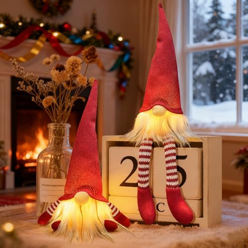 Bseical Figuras de Duendes navideños LED, decoración navideña Americana, iluminación navideña, decoración de Mesa, decoración de Navidad, Interior, gnomo pequeño Luminoso (Rojo)