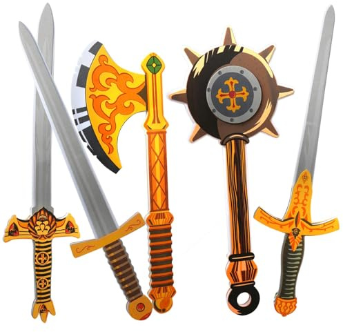 lausomile Foam Swords Weapons Playset Toy for Boys - 17 inch Foam Golden Axe Hammer for Kids Play, Pack of 5 Warrior Weapons Pretend Playset Play Soft Warrior Toy for Boys Kids Gift