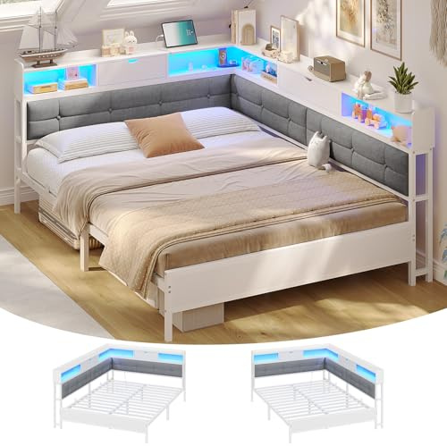 AOGLLATI Canapé-lit 140x200 avec Multiprise et Éclairage LED Réglable, Canapé-lit Convertible Capitonné avec 6 Compartiments et 24 cm d’Espace sous Lit 140x200, Facile a Montage, sans Matelas-Blanc