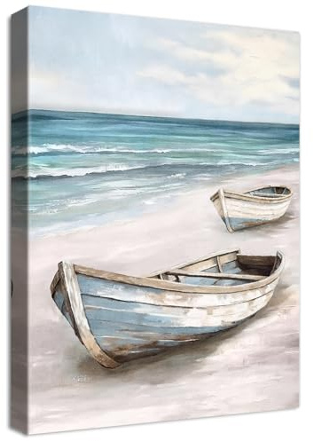 Barca Blu Bianco Mare Quadri Moderni Quadro Moderno Stampa su Tela Con Cornice Spiaggia sabbiosa Immagini Costiera Pittura Quadri su tela Quadretti da Parete Soggiorno Camera da Letto 30x40cm