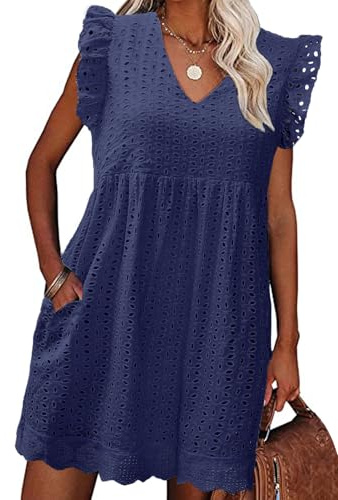 PASUDA Vestidos Verano Mujer Cortos Vestido Algodón Sin Mangas Cuello en V Sueltos Mini Vestidos Hueco de Flores Jacquard Casuales Manga Mosca Vestido de Playa con Bolsillos (Azul Marino, M)