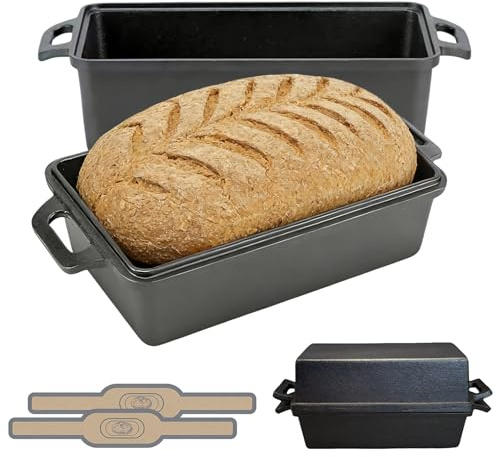 Molde para Pan de Hierro Fundido con Tapa y Esterillas Antiadherentes de Silicona para Masa Madre, Tostadas y Pan Casero – Distribución Uniforme del Calor, Olla para Hacer Pan de Hierro Fundido