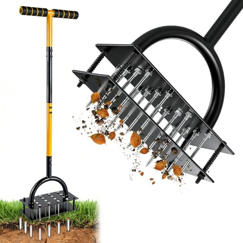 Aireador de césped, herramientas de aireación de suelo con 16 picos, limpieza automática de suciedad y hojas y mango en T ajustable, aireador que ahorra mano de obra para patio, jardín, herramientas