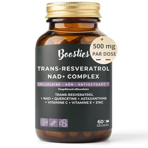 Boosties Trans-Resvératrol (98%) 500 mg & NAD+ Complex – avec Quercétine, Astaxanthine, Vitamines C, E & Zinc – Anti-Âge, Bouclier Antioxydant, ADN & Vitalité – Sans stéarate magnésium – 60 gélules
