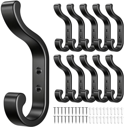 10 Stück Garderobenhaken zum Schrauben, Kleiderhaken aus Metall, Doppelhaken, bis 13,5 kg belastbar, für Akustikpaneele & Wandpaneele, Wandhaken für Jacken, Handtücher und Taschen – Schwarz Matt