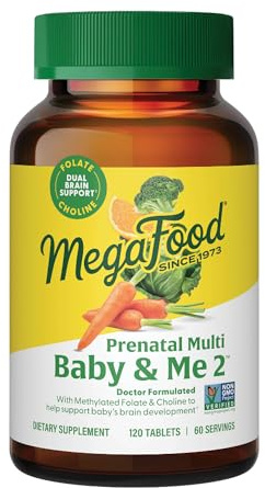 MegaFood Baby & Me 2 Prenatal Vitamin and Minerals - Vitamins for Women - with Folate (Folic Acid Natural Form), Choline, Iron, Iodine, and Vitamin C, Vitamin D and more - 120 Tabs (60 Servings)