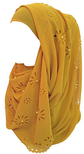 Lina & Lily Chiffon Hijab Kopftuch Schal mit Blumen und Perlen für muslimische Frauen (Senf)