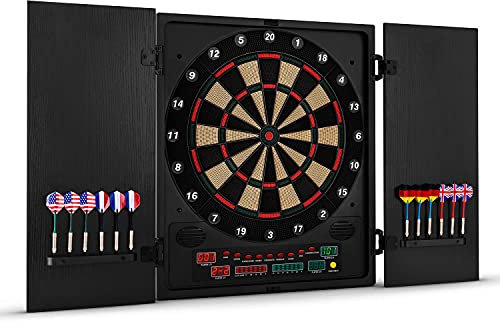 oneConcept Dartmaster 180 Dartautomat, Dartscheibe elektronisch, E-Darts, Dartboard mit bis zu 8 Spieler, virtueller Gegner, LED-Anzeigen, 12 Pfeile, schwarz mit Muster