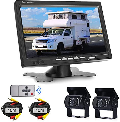 Rückfahrkamera Auto 2 Kamera Set mit Super Nachtsichtgeräten, 7 Zoll HD Vollfarbdisplay Rear View Monitor, wasserdichte Rückfahrkamera mit Kabel für Wohnmobil/Bus/Anhänger/LKW 9 V-35 V