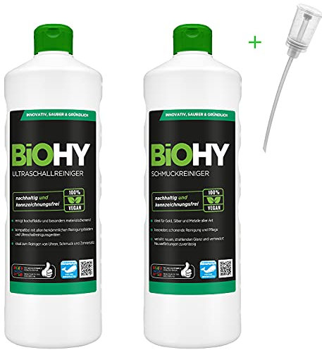 BiOHY Reinigungs-Set | Ultraschallreiniger 1 Liter Flasche | Schmuckreiniger 1 Liter Flasche | Inklusive Dosierer Dosierer zur vereinfachten Mengenanwendung