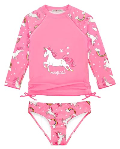 weVSwe Flicka baddräkt UPF 50+ skydd långärmad tvådelad rosettknut badmode Rash Guard volanger sällsynta summanschetter, Rosa enhörning, 5-6 År