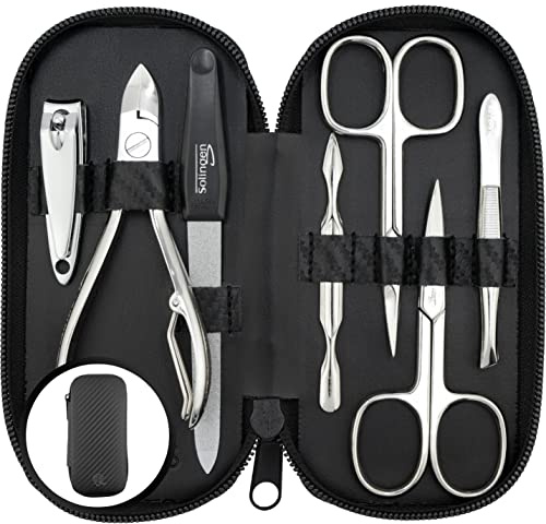 marQus set manicura de 7 piezas de Solingen - Set de manicura y pedicura en estuche de piel sintética, 2 tijeras, cortaúñas, lima, retira-cutícula, alicate y pinza, para hombre y mujer