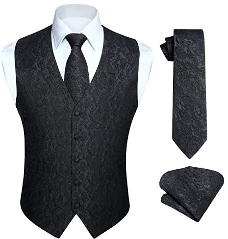 Enlision Chaleco de Vestir Negro Hombre Boda Jacquard Paisley Elegante Chalecos Traje Corbata y Pañuelo Floral de Fiesta L