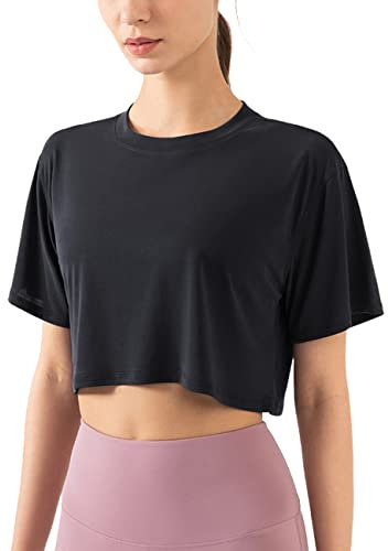 Damen Fitness Trainieren Crop-Tops Kurzarm Yoga T-Shirts Sportlich Betrieb Sport-Shirts Schwarz XL