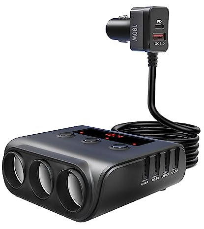 YONGYAO Cigarette Lighter Adapter - 180W Car Charger Adaptger USB Charger Fast Charge (USB C & QC 3.0), 3 Way Sockets & 4 USB Ports, 12V Car Splitter with Extension Lead