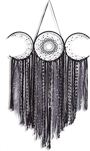 Svart trippel måne makramé vägghängning, boho konst stor Wicca månskog drömfångare, handgjord böhmisk hippie vävd gobeläng dekor för sovrum barnrum dekoration gåva