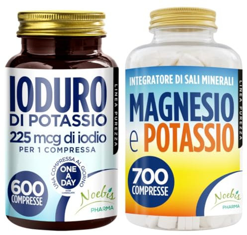 Set di Integratori Metabolismo + Sali Minerali - 225 mcg di Iodio per 1 Compressa Alto Dosaggio + Magnesio e Potassio Citrato 700 Compresse- contro Stanchezza e Fatica Fisica
