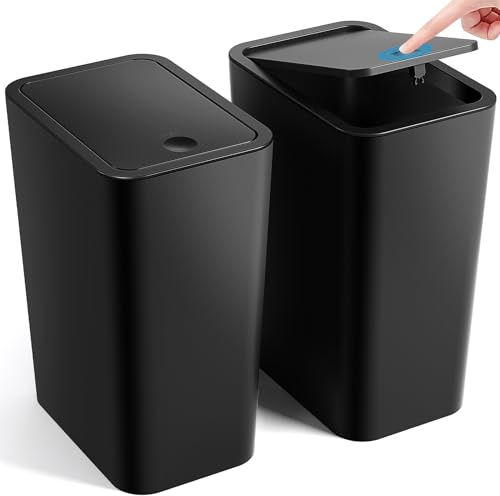 ITCPRL Bathroom Trash Can with Lid, 2 Pack 4 Gallons/15 Liters Garbage Can with Pop-Up Lid, Small Plastic Trash Can, Slim Trash Bin Waste Basket for Bathroom, Bedroom, Office, Living Room(Black)