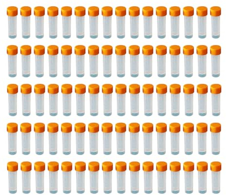 HUAZIZ 80 Piezas Tubo de Muestras, Tubos de Ensayo Congelados, Tubos de Ensayo de Plástico con Orange Tapa y Marcas Graduadas, para Laboratorio, 5ml