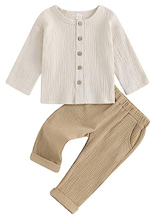 Lerrita Bébé garçon Coton-Lin pantalon 2 Pièces Pour Garçon Lin Bouton Chemise Manches Longues +Chaussures Élastiques Bébé garçon Coton Tenues d'Été Doux Bébé Unicolore Ensemble