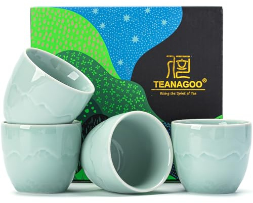 TEANAGOO Ceramic Japanese Tea Cup, 4 Pcs/Box, Occupied Japan Cups, Chinese Cup, Asian Cups no Handles,5.6 oz/ 160ml,Celedon Blue