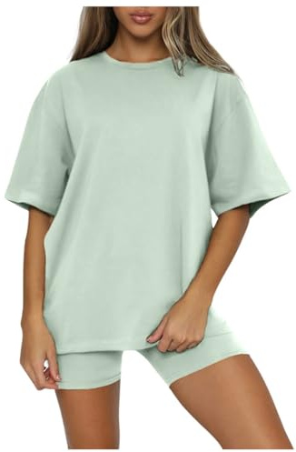 KBOPLEMQ Conjunto de chándal corto para mujer, traje deportivo de gran tamaño, camiseta de un solo color, top + polainas cortas push up, chándal de entrenamiento, 2 piezas, conjuntos de ropa