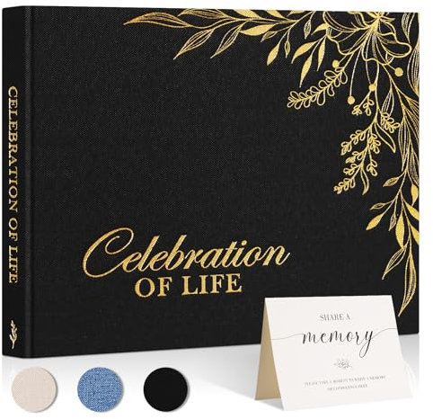 Lanpn Funeral Guest Book for Memorial Service, Linen Cover Celebration of Life Registry Guest Book, Funeral Favors Sign in Books for Guests Memory Book for Funeral with Memory Table Sign, Black