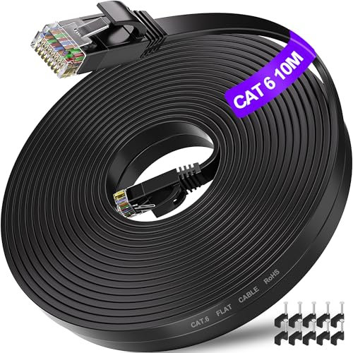 ikbc Ethernet Cable 10m, Cat 6 Flat Cable 10m High Speed Internet Cable, 10 Meter LAN Cable Network 1Gbps, Gigabit RJ45 10 Meter Cat 6 Patch Cord for Router PS4/5 (10 Clips)