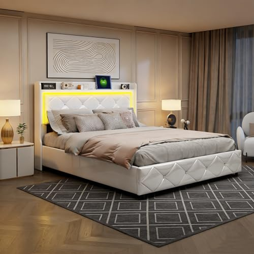 BRILVERDE Cama tapizada 160x200 cm, Cama Doble con iluminación LED, cabecero con Compartimentos de Almacenamiento y función de Carga USB, Base con somier, Cama de Dormitorio, PU, ​​Blanco