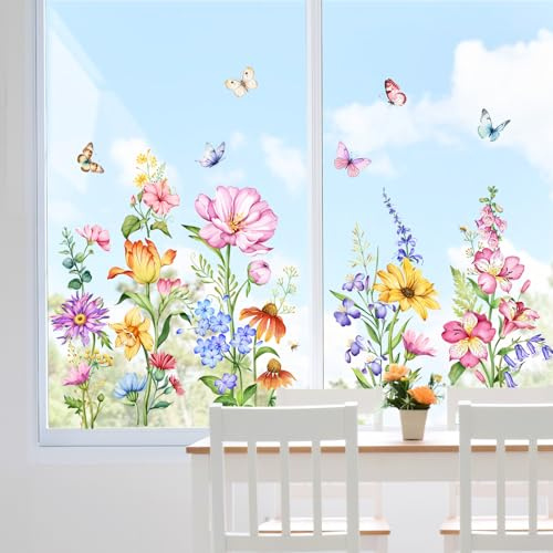Supzone 100 * 50cm Flower Window Stickers Spring Summer Wildflower Butterfly Window Clings Double-Sided Anti-Collision Floral Window Decals for Home Glass Door Mirror