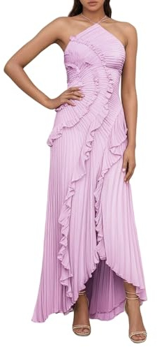 Generisch Abito da donna senza maniche con fettuccia sul collo, in tinta unita, elegante, maxi abito con volant, design avvolgente, spacco laterale, abito da sera estivo, abito da cocktail, viola., M