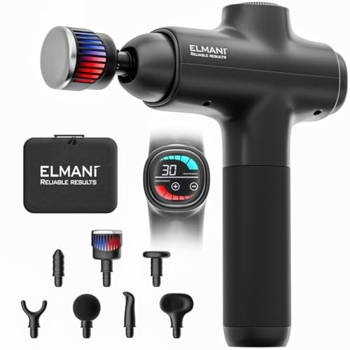 ELMANI Massage Gun, 30 Speed Settings, 2800RPM, Heat & Cold Therapy, 6 Massage Heads, 6Hr Battery Life, Black