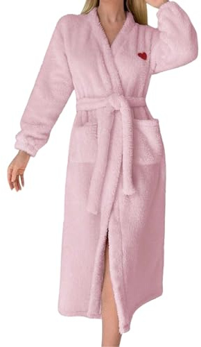 Generisch Peignoir pour femme avec motif cœur - Peignoir d'hiver en tissu éponge - Long - Chaud - Robe de chambre douillette - En peluche moelleuse - Manches longues - Avec poches
