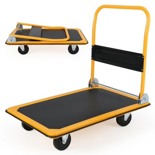 COSTWAY 150kg/300kg Folding Platform Trolley, Heavy Duty Hand Sack Truck with Handle & Bumper Strips, Rolling Flatbed Cart Dolly for Easy Transportation (Black+Yellow, 90x60x88cm, 300kg Capacity)