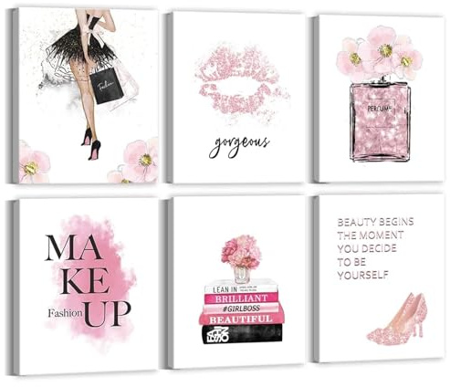wiksite Fashion Women Art Print Wall Canvas Artwork Pink Wall Art High Heels Make Up Flower Perfume Positive Quote Elegant WallArt for Bedroom Pictures for Living Room Set of 6 Wall Art - 25x20cm