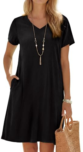 Enmain Women Linen Dress Short Sleeve Summer V Neck Linen Shift Dresses for Women UK Casual Tunic Sundress with Pocket Without Accessories