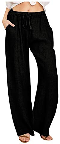 Summer Trousers for Women UK Linen Trousers Womens Wide Leg Spring Summer Casual Trouser 2026 Fashion Cotton Pants Loose Fit Elasticated Waist Drawstring Lounge Pants with Pockets Black L