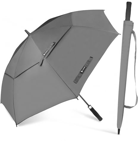 SWIFTEE 60 Inch Golf Umbrella – Automatic One Push Open, Windproof Double Layer Vented Canopy, 280T Waterproof Pongee, 8 Rib Fiberglass Frame, UV Protection, Golf Cart Compatible (Grey, 60 Inch)