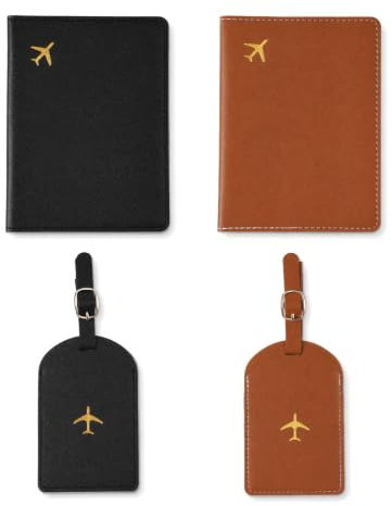 Bekecidi Kit Voyage 2 Passeports + 2 Étiquettes Cuir PU 14x6cm | Protege passeport, étui, housse, protection, français, voyage, famille, cadeau, résistant, léger