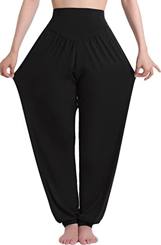 HOEREV Super weiche Modal Spandex Harem Yoga Pilates Hosen, Gr.-Large,Schwarz