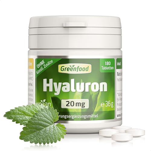 Hyaluron, 20 mg, hochdosiert, 180 Tabletten, vegan - OHNE künstl. Zusätze